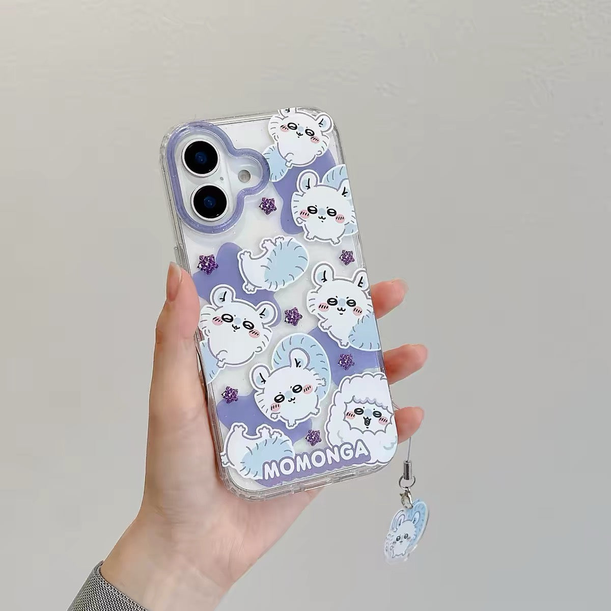 Japanese Cartoon ChiiKawa Gittler Colour Clear Case with Phone Strap | Full Emo Chiikawa Hachiware Usagi Momonga - iPhone Case Plus SE2 11 12 13 14 15 16 16e 17 17e Pro Promax 12mini 13mini