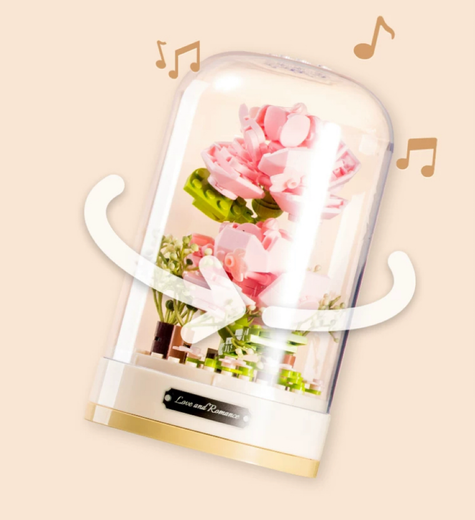 Block Building Romantic Flower Music Box | Hibiscus Rose Lily Bell Jasmine - DIY Valentine Wedding Handmade Gift