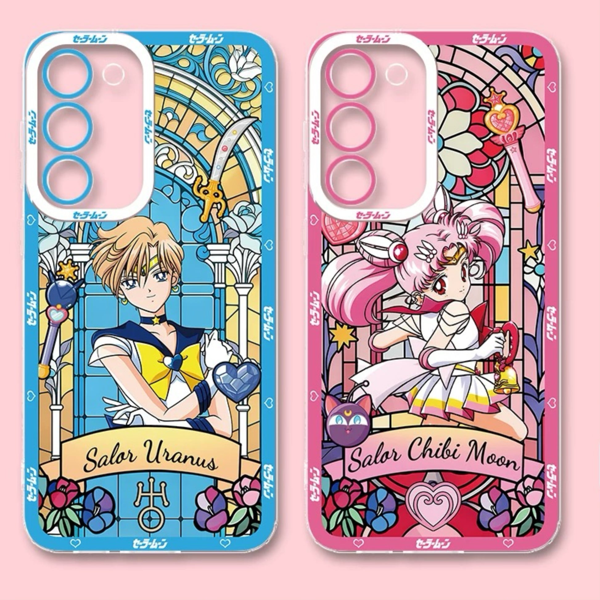 Japanese Cartoon Sailor Moon Phone Case Glass Window Style | Sailor Chibimoon Usagi Uranus - Phone Case Samsung Galaxy S26 S25 S24 S23 S22 S21 FE Ultra Edge