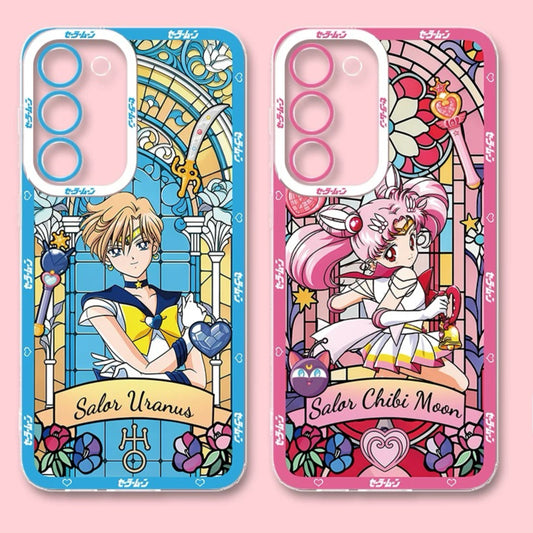 Japanese Cartoon Sailor Moon Phone Case Glass Window Style | Sailor Chibimoon Usagi Uranus - Phone Case Samsung Galaxy S26 S25 S24 S23 S22 S21 FE Ultra Edge