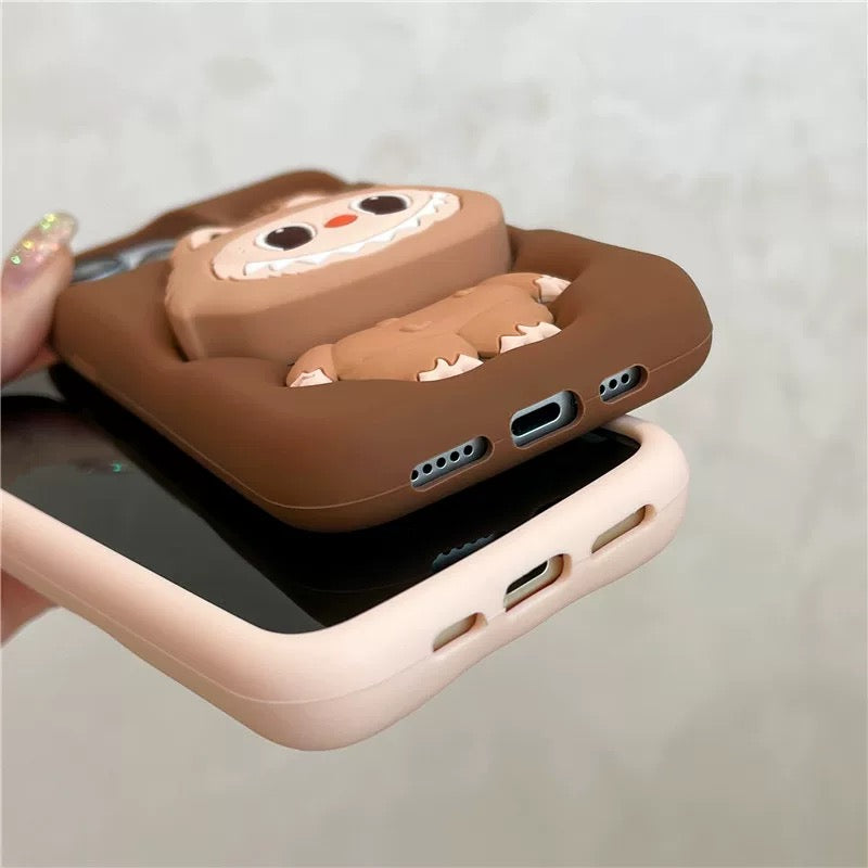 Cute Cartoon Labubu Zimomo Silicone with Stand | Brown Pink - iPhone Case 7 8 6 XR XS X 11 12 13 14 15 Pro Plus Promax