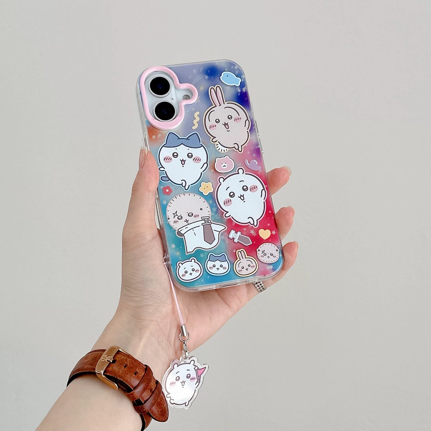 Japanese Cartoon ChiiKawa Laser Phone Case with Strap | Rainbow Galaxy with ChiiKawa Hachiware Usagi Momonga Rakko Kurimanju Shisa Furuhonya - iPhone Case PLUS SE2 11 12 13 14 15 16 16e 17 17e Pro Promax 12mini 13mini