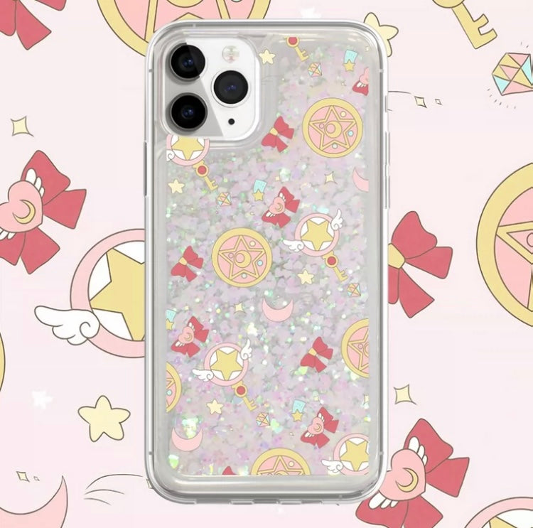 Japanese Cartoon Sailor Moon CardCaptorSakura Magic Wand Stick - Silver Pink Heart Glitter QuickSand iPhone Case 6 7 8 PLUS SE2 XS XR X 11 12 13 14 15 Pro Promax 12mini 13mini
