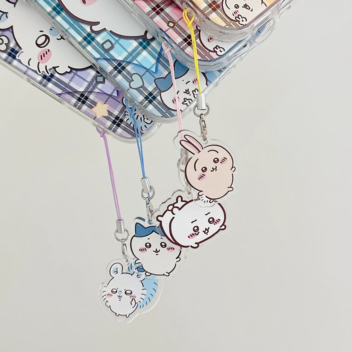 Japanese Cartoon ChiiKawa Laser Phone Case with Strap | Retro Plaid ChiiKawa Hachiware Usagi Momonga - iPhone Case PLUS SE2 11 12 13 14 15 16 16e 17 17e Pro Promax 12mini 13mini