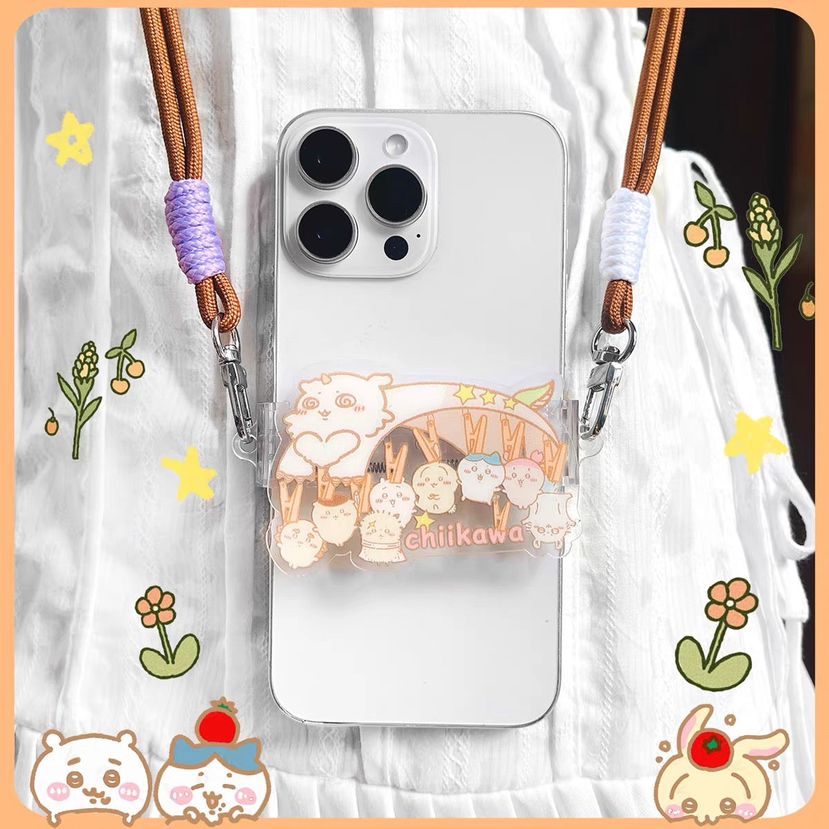Japanese Cartoon Phone Back Clip with Phone Lanyard | Chiikawa Coat Hanger - for All Smart Phones