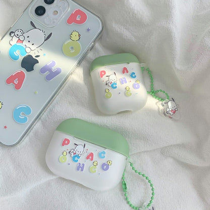 Japanese Cartoon Pochacco with Colourful Alphabet AirPods AirPodsPro AirPods3 Case Grass Green and White