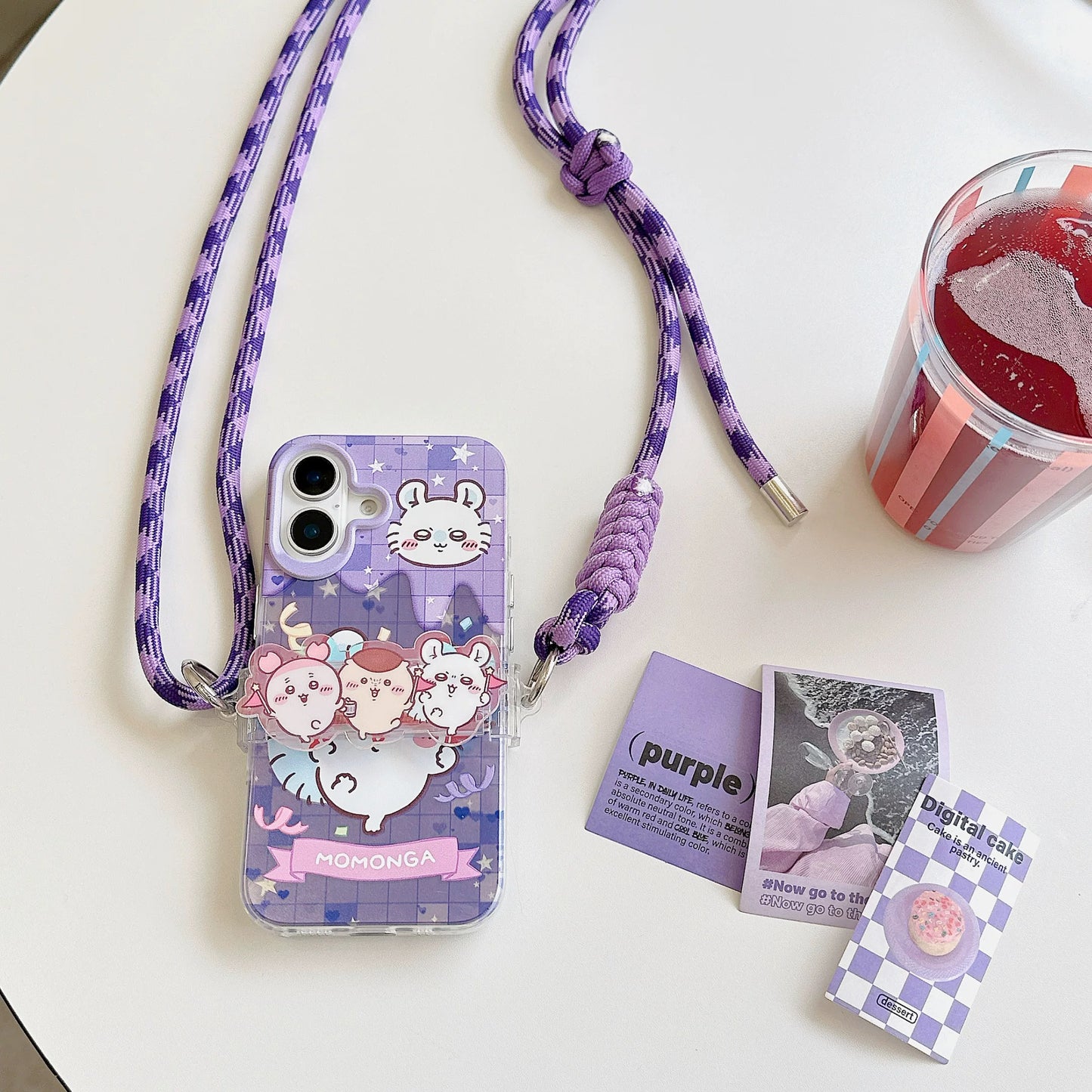 Japanese Cartoon Phone Back Clip with Phone Lanyard | Chiikawa Purple - for All Smart Phones