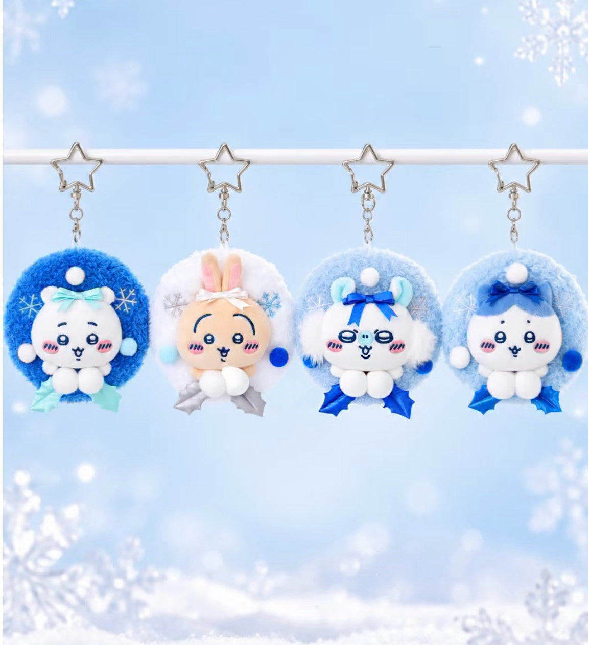 ChiiKawa X Miniso White Christmas Series | ChiiKawa Hachiware Usagi Momonga in Christmas Wreath Plush Doll Keychain - Kawaii Items Room Decoration doll