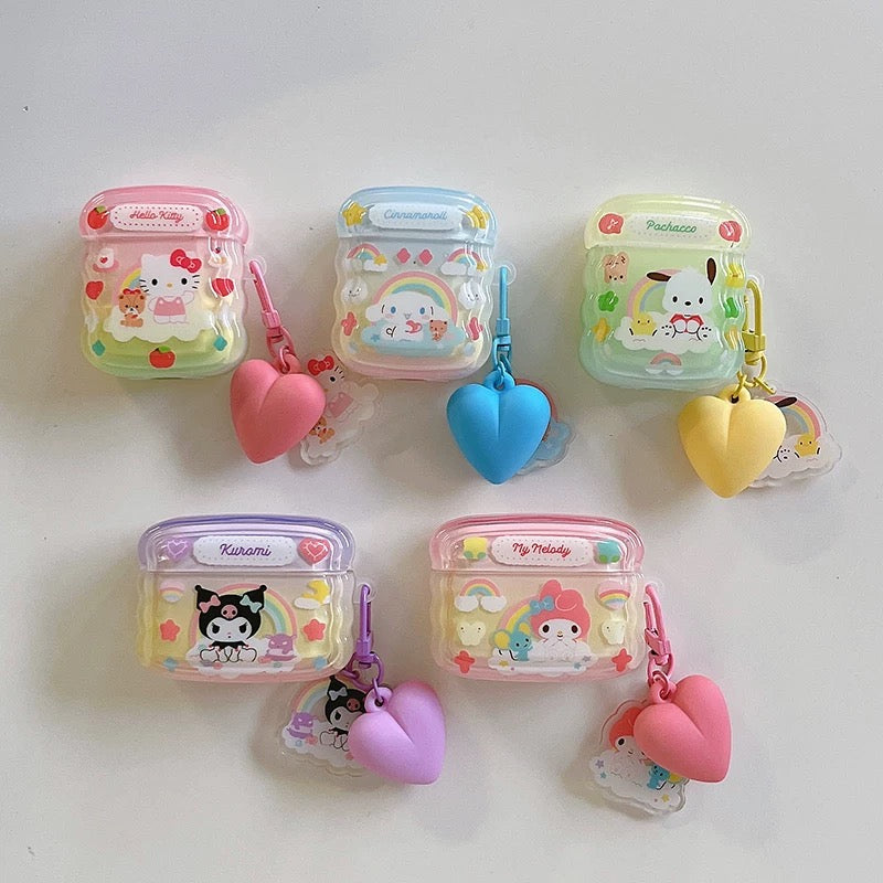 Japanese Cartoon Colourful Rainbow with Heart Keychain | Hello Kitty My Melody Kuromi Cinnamoroll Pochacco AirPods AirPodsPro AirPods3 Case