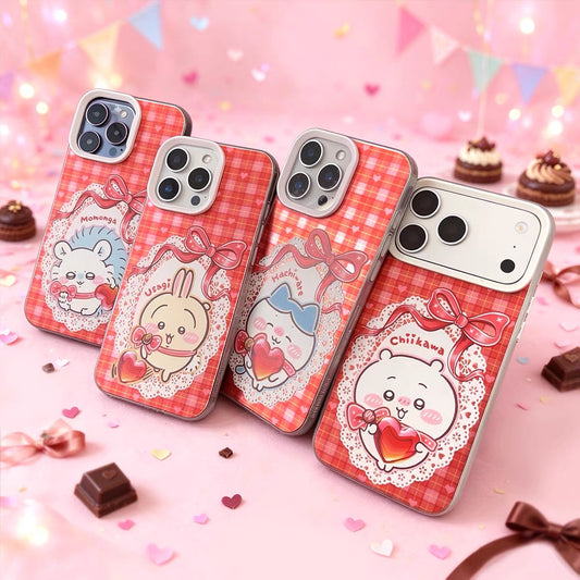 Japanese Cartoon ChiiKawa with Heart Chocolate Laser Case | Chiikawa Hachiware Usagi Momonga 4 Styles - Phone Case Samsung Galaxy S26 S25 S24 S23 S22 S21 FE Ultra Edge