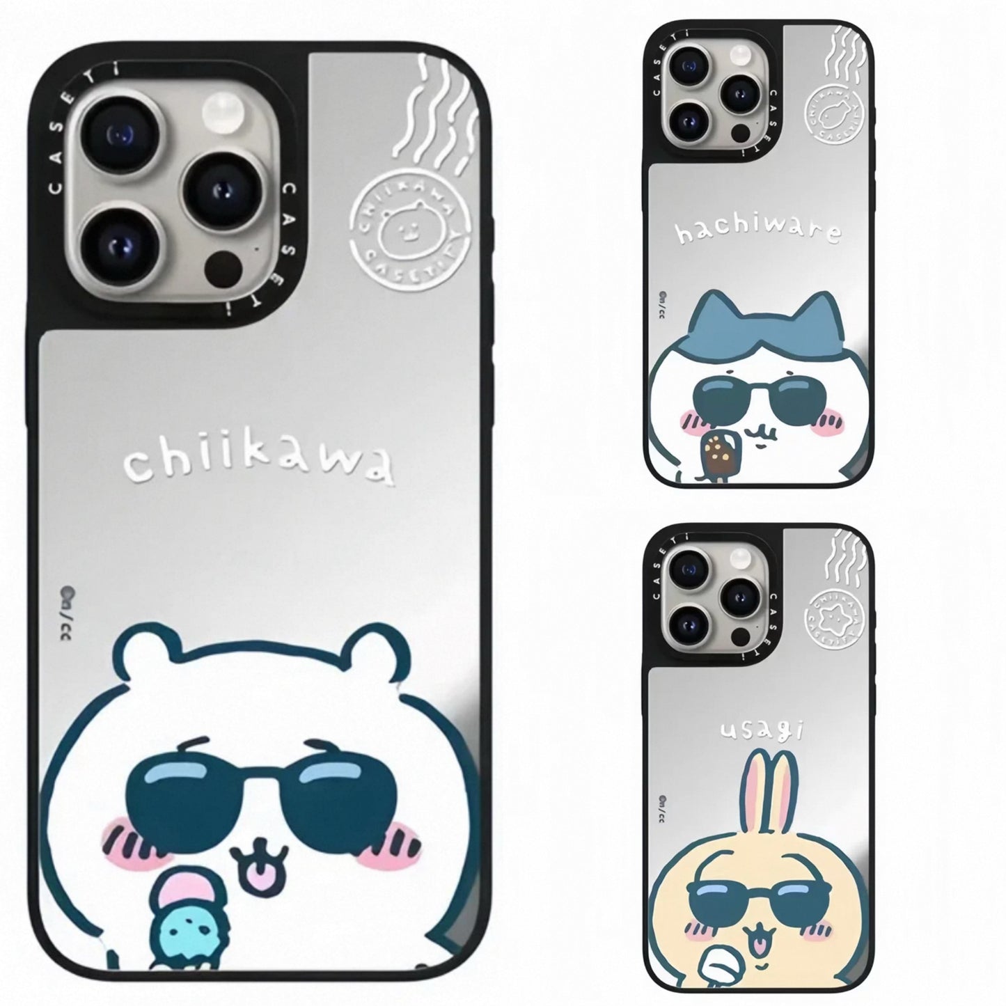 Japanese Cartoon ChiiKawa Mirror Phone Case | ChiiKawa Hachiware Usagi Wear Sunglass and Eating Icecream Silver - iPhone Case 11 12 13 14 15 16 17 Pro Promax