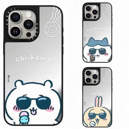 Japanese Cartoon ChiiKawa Mirror Phone Case | ChiiKawa Hachiware Usagi Wear Sunglass and Eating Icecream Silver - iPhone Case 11 12 13 14 15 16 17 Pro Promax