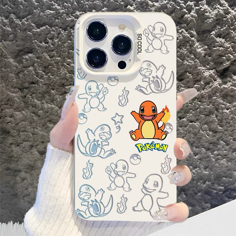 Japanese Cartoon Pokemon Matt & Silver Case Part1 | Pikachu Eevee Mew Bulbasaur Squirtle Charmander 6 Styles - Phone Case Samsung Galaxy S26 S25 S24 S23 S22 S21 FE Ultra Edge