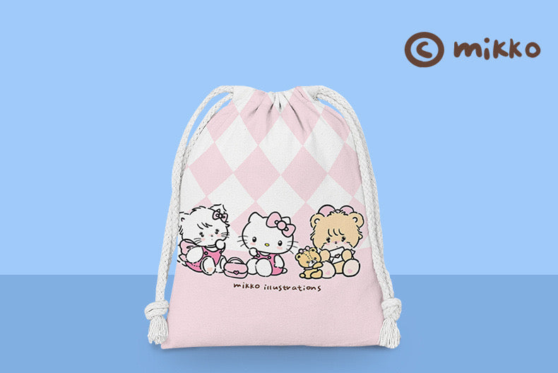 Mikko illustration Drawstring Pockets | Kitten Mousse Bear Latte Hello Kitty My Melody - 3 Size Tidy up Bag Kawaii Style