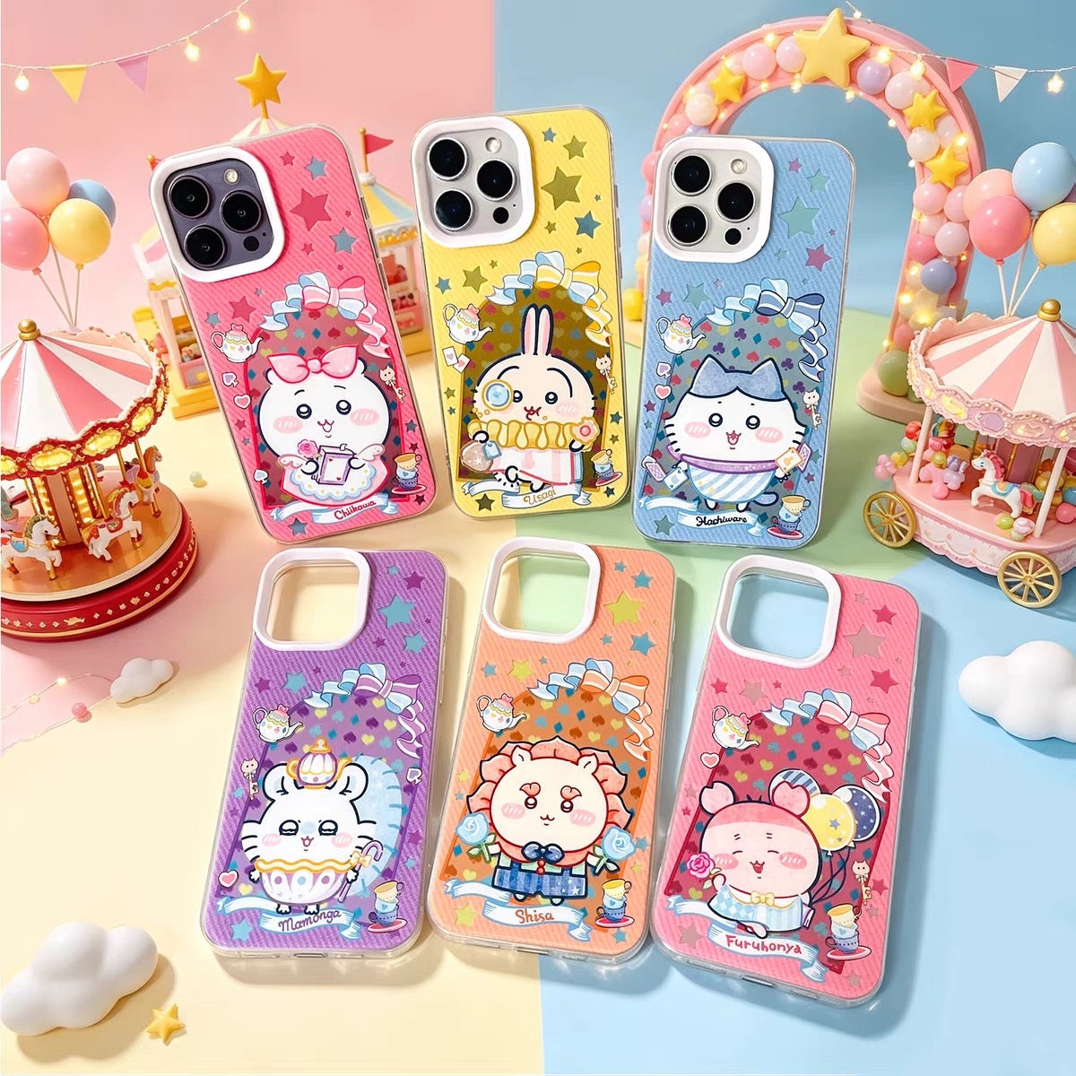 Japanese Cartoon ChiiKawa Happy Amusement Park Laser Case | Chiikawa Hachiware Usagi Momonga Shisa Crab - iPhone Case 11 12 13 14 15 16 16e 17 17e Pro Promax
