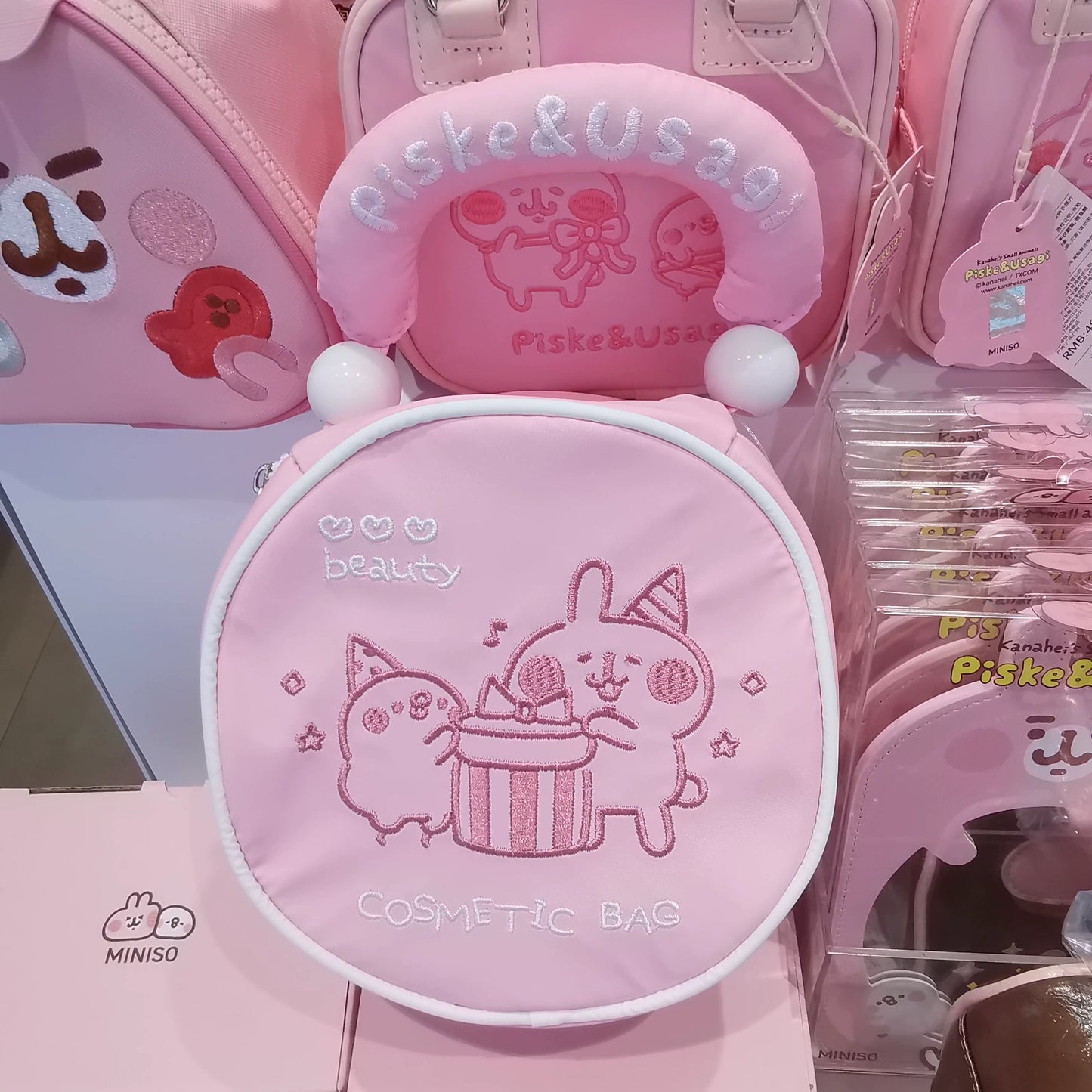 Kanahei X Miniso | Circle Make Up Bag Usagi Piske Pink Rabbit White Chicken - Kawaii Make Up Bag Item Decoration