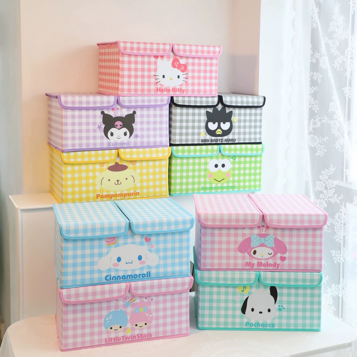 Sanrio Colourful Checkered Pattern Storage Box with Cover | Hello Kitty My Melody Kuromi Little Twin Stars Cinnamoroll Pompompurin Pochacco KeroKeroKeroppi Bad Badtz Maru - Bedroom Girl Gift