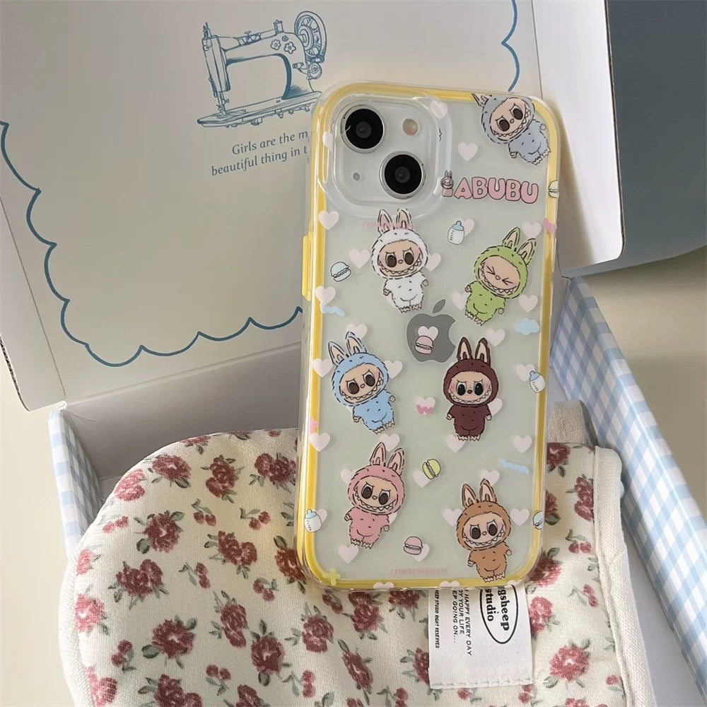 Cute Cartoon Labubu Zimomo with Macarons Yellow Line - iPhone Case 13 14 15 Pro Promax