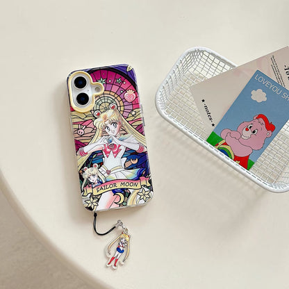 Japanese Cartoon Sailor Moon Phone Case with Strap Comic Version | Laser Glass Window Sailor Moon Mercury Mars Jupiter Venus - Phone Case Samsung Galaxy S26 S25 S24 S23 S22 S21 FE Ultra Edge