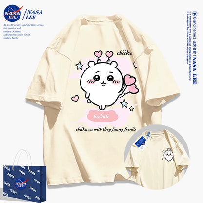 Japanese Cartoon ChiiKawa Casual Style T-Shirt Series | Chiikawa Heart Cheer Up Front & Back - Kawaii Fashion Items