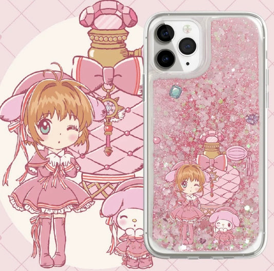 Japanese Anime CardCaptorSakura Sakura My Melody - Silver Pink Heart Glitter QuickSand iPhone Case 6 7 8 PLUS SE2 XS XR X 11 12 13 14 15 Pro Promax 12mini 13mini