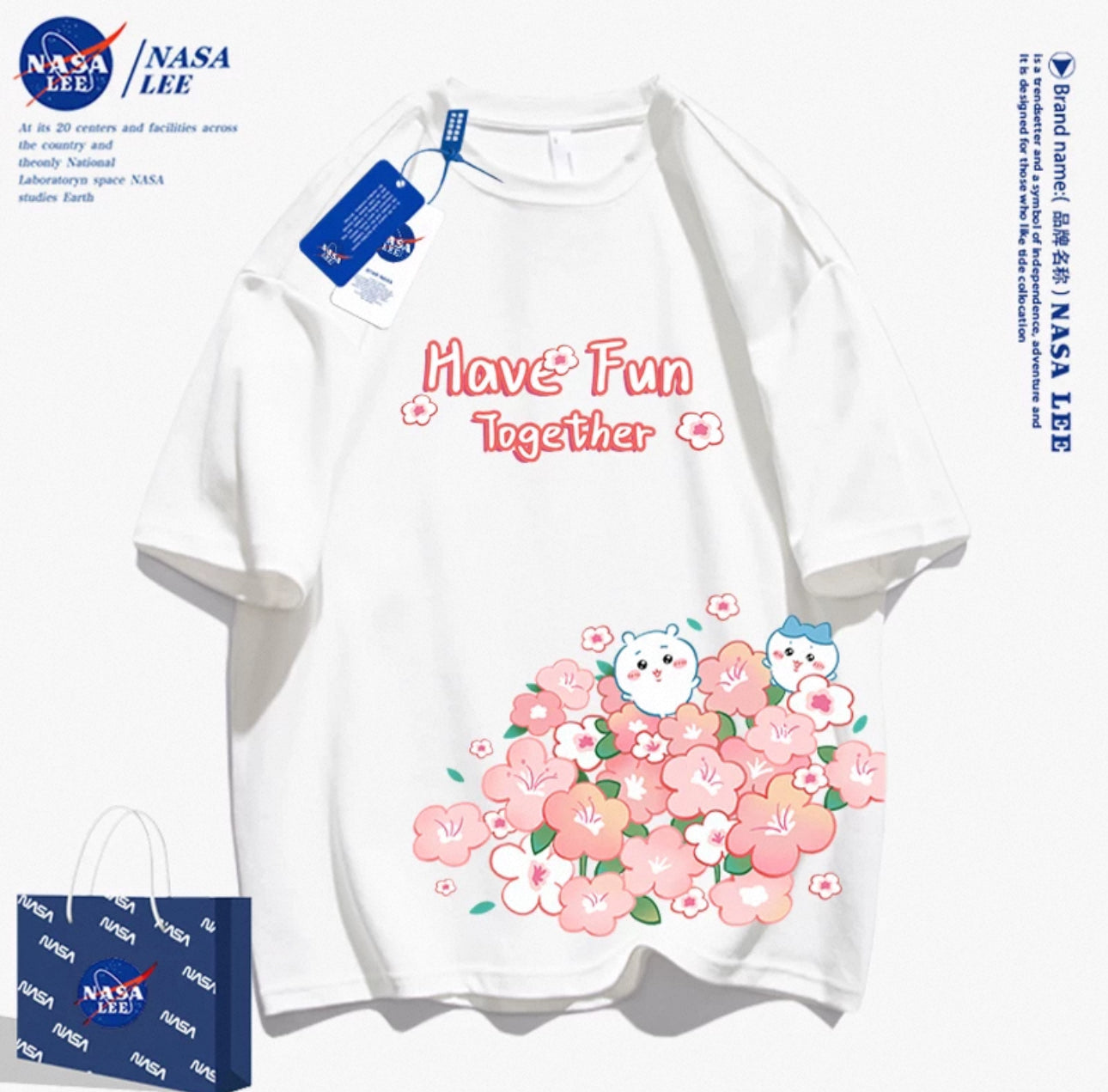 Japanese Cartoon ChiiKawa Casual Style T-Shirt Series | Chiikawa Hachiware Have Fun with Flower - Kawaii Fashion Items