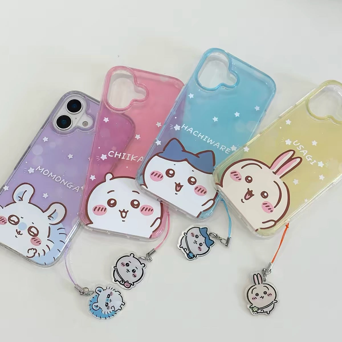 Japanese Cartoon ChiiKawa Gittler Colour Clear Case with Phone Strape | Say Hi Chiikawa Hachiware Usagi Momonga - iPhone Case Plus SE2 11 12 13 14 15 16 16e 17 17e Pro Promax 12mini 13mini
