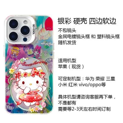 Japanese Cartoon Sanrio Spring Flower Fairy | Hello Kitty My Melody Kuromi Cinnamoroll Pompompurin Hangyodon Laser Silver - iPhone Case 11 12 13 14 15 16 16e Pro Promax - KawaiiGiftLand