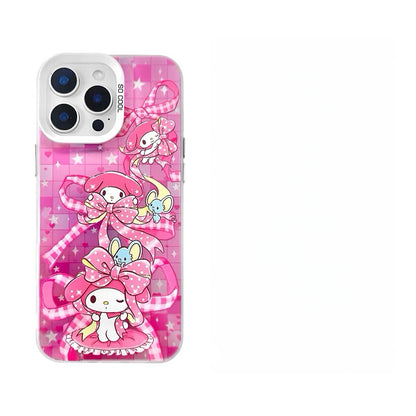 Japanese Cartoon Sanrio Colourful Ribbon Laser Case | Hello Kitty My Melody Kuromi Cinnamoroll Pompompurin Hangyodon 6 Styles - iPhone Case 11 12 13 14 15 16 16e 17 17e 18 Pro Promax