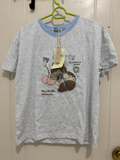 Korean Fashion Cute Animals Style T-Shirt Series | Embroidery Cherry Cat - Kawaii Fashion Items