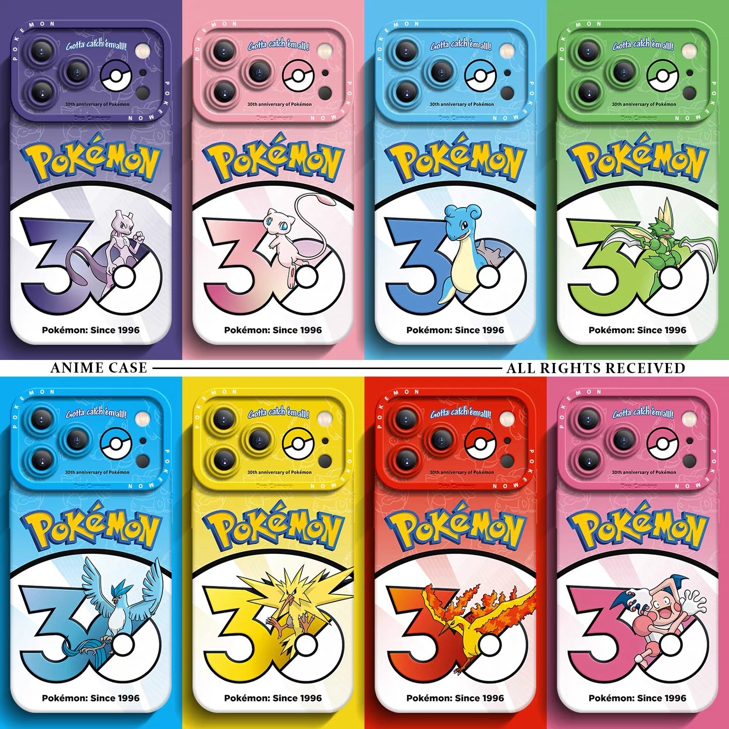 Japanese Cartoon Pokemon Silicone Case Pokemon 30 Anniversary Version Part7 | Mewtwo Mew Lapras Scyther Articuno Zapdos Moltres Mr Mime 8 Styles - iPhone Case PLUS SE2 XS XR X 11 12 13 14 15 16 16e 17 17e Pro Promax 12mini 13mini