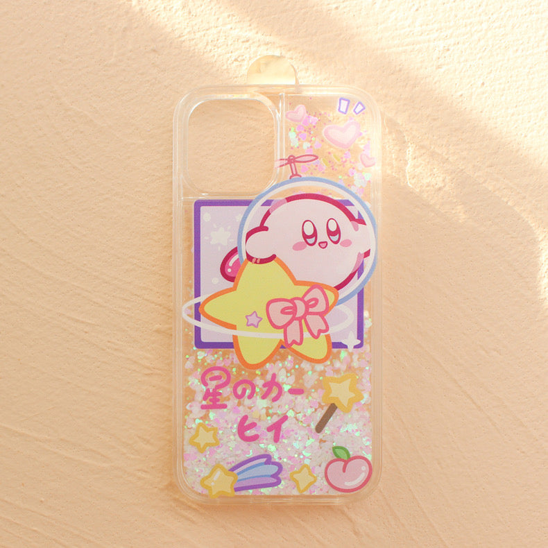 Japanese Cartoon Pink Monster Starkabi in Space Pink Glitter QuickSand iPhone Case 6 7 8 PLUS SE2 XS XR X 11 12 13 14 15 Pro Promax 12mini 13mini