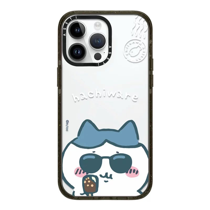 Japanese Cartoon ChiiKawa Clear with Transparent Black Frame Phone Case | ChiiKawa Hachiware Usagi Wear Sunglass and Eating Ice Cream Blue - iPhone Case 12 13 14 15 16 17 Pro Promax