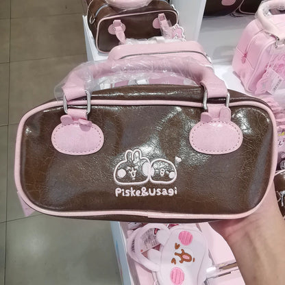 Kanahei X Miniso | Bowling Style Pink & Brown Handbag Usagi Piske Pink Rabbit White Chicken - Kawaii Make Up Bag Item Decoration