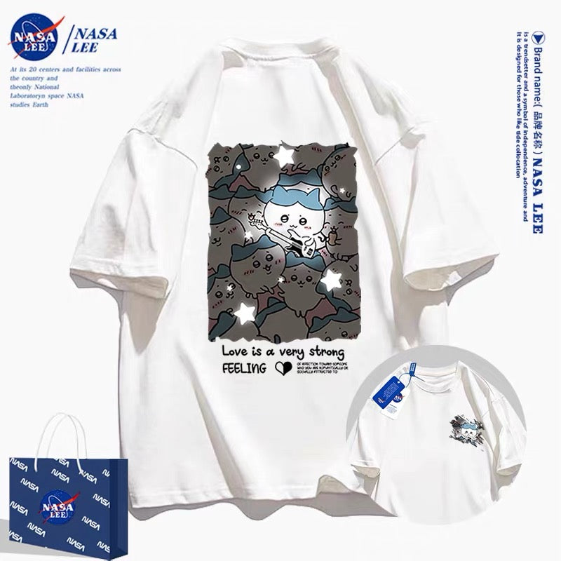 Japanese Cartoon ChiiKawa Casual Style T-Shirt Series | Hachiware with Night Stars Front & Back - Kawaii Fashion Items