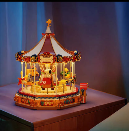 Pan Tasy x Peanut Music Box Series | Happy Merry Go Round Carousel - Lovely Dog and Yellow Birds Building Blocks Toy Collections