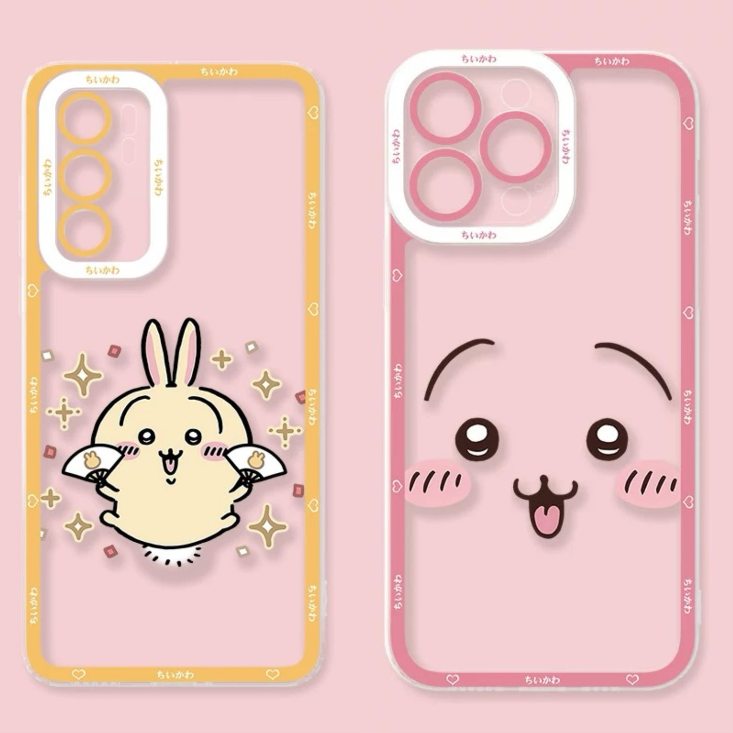 Japanese Cartoon Chiikawa | Usagi Happy Jump & Pink Face - Phone Case Samsung Galaxy S26 S25 S24 S23 S22 S21 FE Ultra Edge