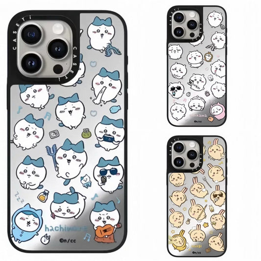 Japanese Cartoon ChiiKawa Mirror Phone Case | ChiiKawa Hachiware Usagi Medley Fun Pose Silver Full Screen - iPhone Case 11 12 13 14 15 16 17 Pro Promax