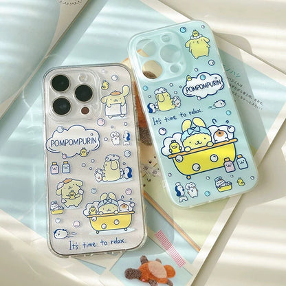 Japanese Cartoon Pompompurin Bathing Clear iPhone Case 7 8 PLUS SE2 XS XR X 11 12 13 14 15 Pro Promax mini SE3