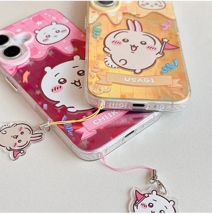 Japanese Cartoon ChiiKawa Phone Case with Strap | Laser Happy Party Chiikawa Hachiware Usagi Momonga - Phone Case Samsung Galaxy S25 S24 S23 S22 S21 FE Ultra Edge
