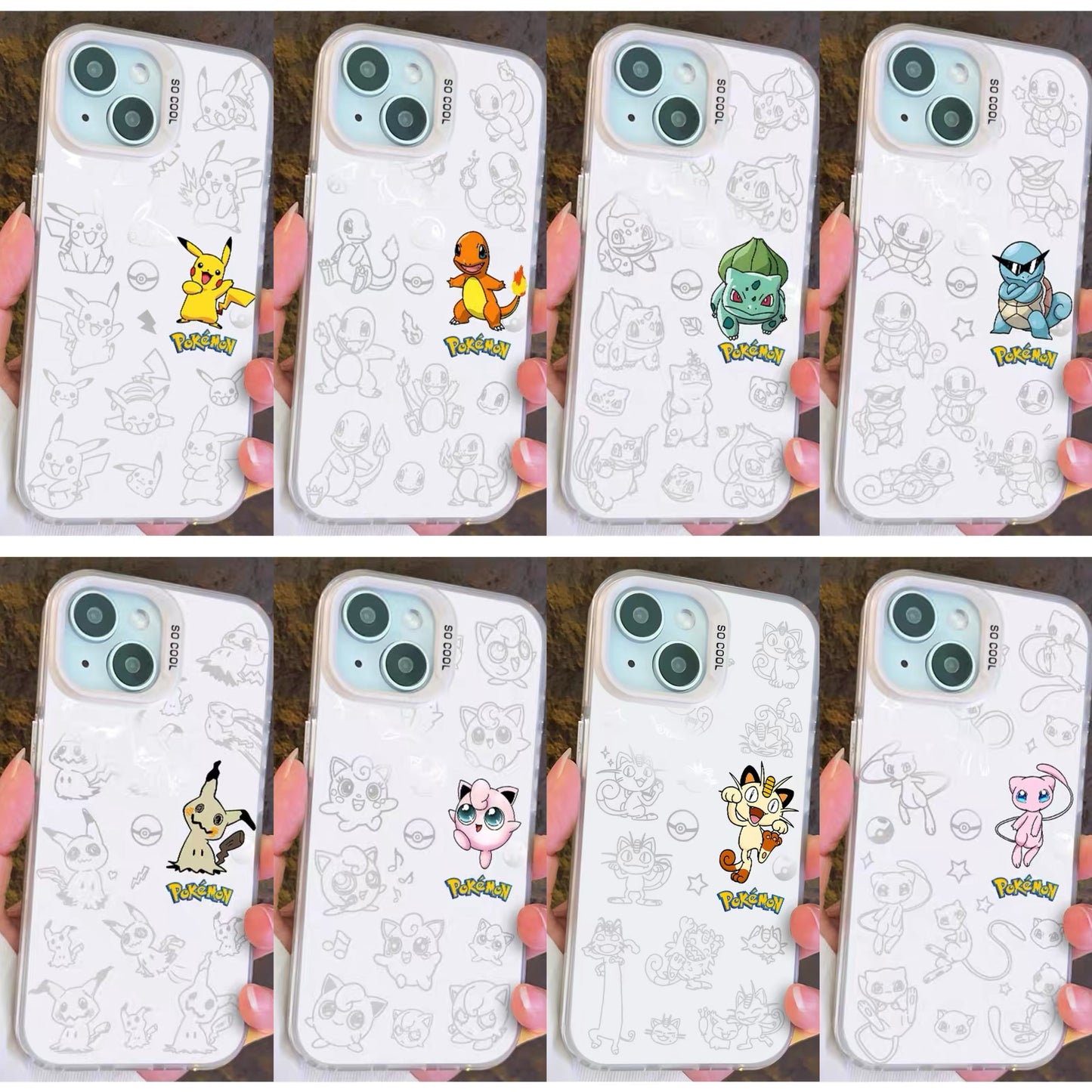 Japanese Cartoon Pokemon Matt & Silver Case Part3 | Pikachu Charmander Bulbasaur Squirtle Mimikyu Jigglypuff Mew 8 Styles - iPhone Case PLUS SE2 XS XR X 11 12 13 14 15 16 16e 17 17e Pro Promax 12mini 13mini