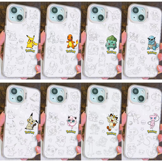 Japanese Cartoon Pokemon Matt & Silver Case Part3 | Pikachu Charmander Bulbasaur Squirtle Mimikyu Jigglypuff Mew 8 Styles - iPhone Case PLUS SE2 XS XR X 11 12 13 14 15 16 16e 17 17e Pro Promax 12mini 13mini