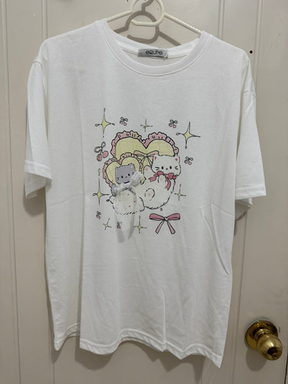 Korean Fashion Cute Animal Style Shirt Series | White & Grey Cats with Heart Cushion - Kawaii Fashion Items