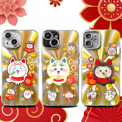Japanese Cartoon ChiiKawa Folklore Kitsune Gold Laser Case | ChiiKawa Hachiware Usagi Momonga - iPhone Case 11 12 13 14 15 16 16e 17 17e Pro Promax