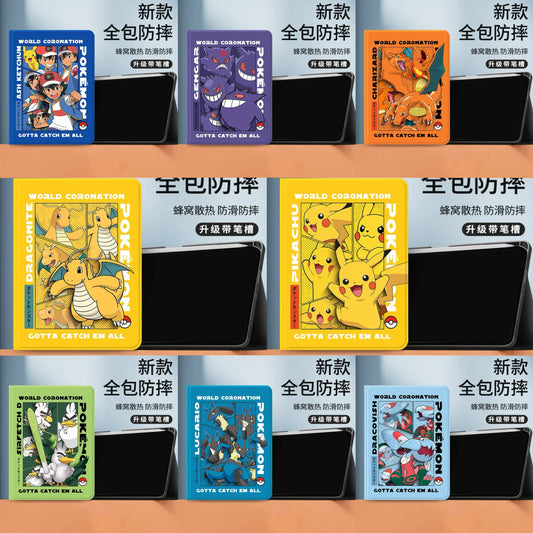Japanese Cartoon Pokemon Protect Case World Coronation with Pen Holder | Ash Ketchum Pikachu Lucario Sirfetchd Dracovish Dragonite Charizard Gengar - iPad Mini 4,5,6,7 / iPad Air / iPad Pro 2025 2024 2022 2021 2020 2018