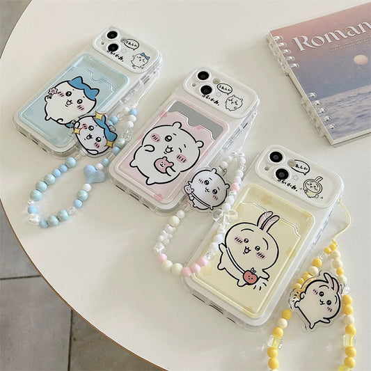 Japanese Cartoon Chiikawa | ChiiKawa Hachiware Usagi Happy Outing with Card Holder & Handle Strap - iPhone Case 11 12 13 14 15 16 17 Pro Promax