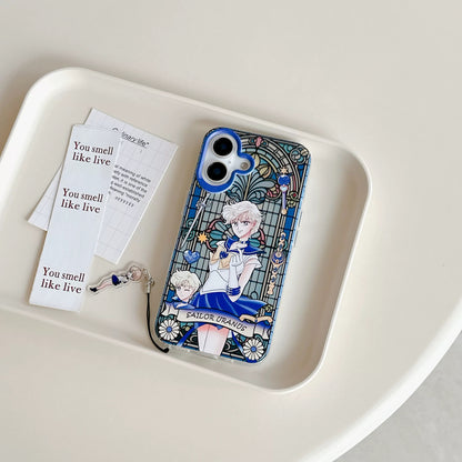 Japanese Cartoon Sailor Moon Phone Case with Strap Comic Version | Laser Glass Window Sailor Uranus Neptune Pluto Saturn Chibi Moon - Phone Case Samsung Galaxy S26 S25 S24 S23 S22 S21 FE Ultra Edge