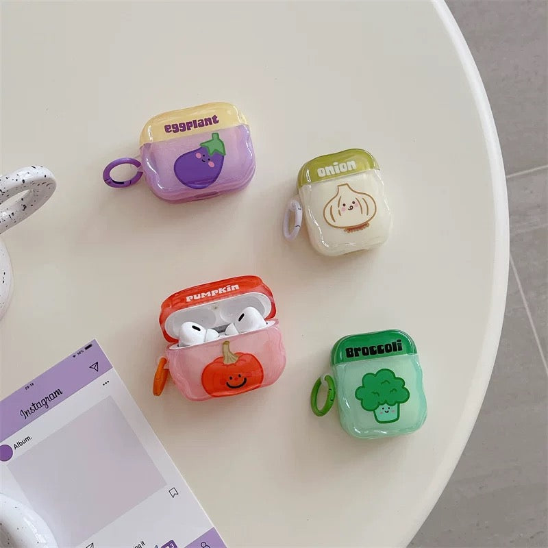 Japanese Cartoon Fun Colourful Vegetable Eggplant Broccoli Pumpkin Onion - AirPods AirPodsPro AirPods3 Case Purple Green Orange White