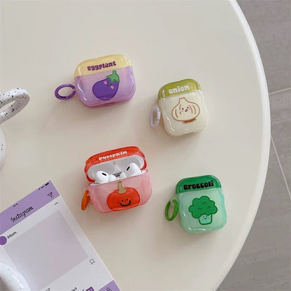 Japanese Cartoon Fun Colourful Vegetable Eggplant Broccoli Pumpkin Onion - AirPods AirPodsPro AirPods3 Case Purple Green Orange White