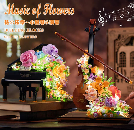 Mini Block Building Music of Flowers | Romantic Violin Piano - with LED Lights DIY Handmade Gift